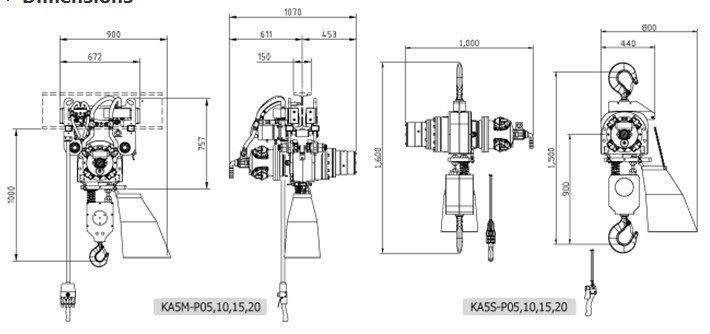 韓國KHC KA5型氣動葫蘆尺寸