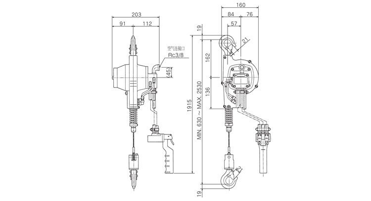 遠(yuǎn)藤ENDO EHW-R氣動(dòng)葫蘆尺寸